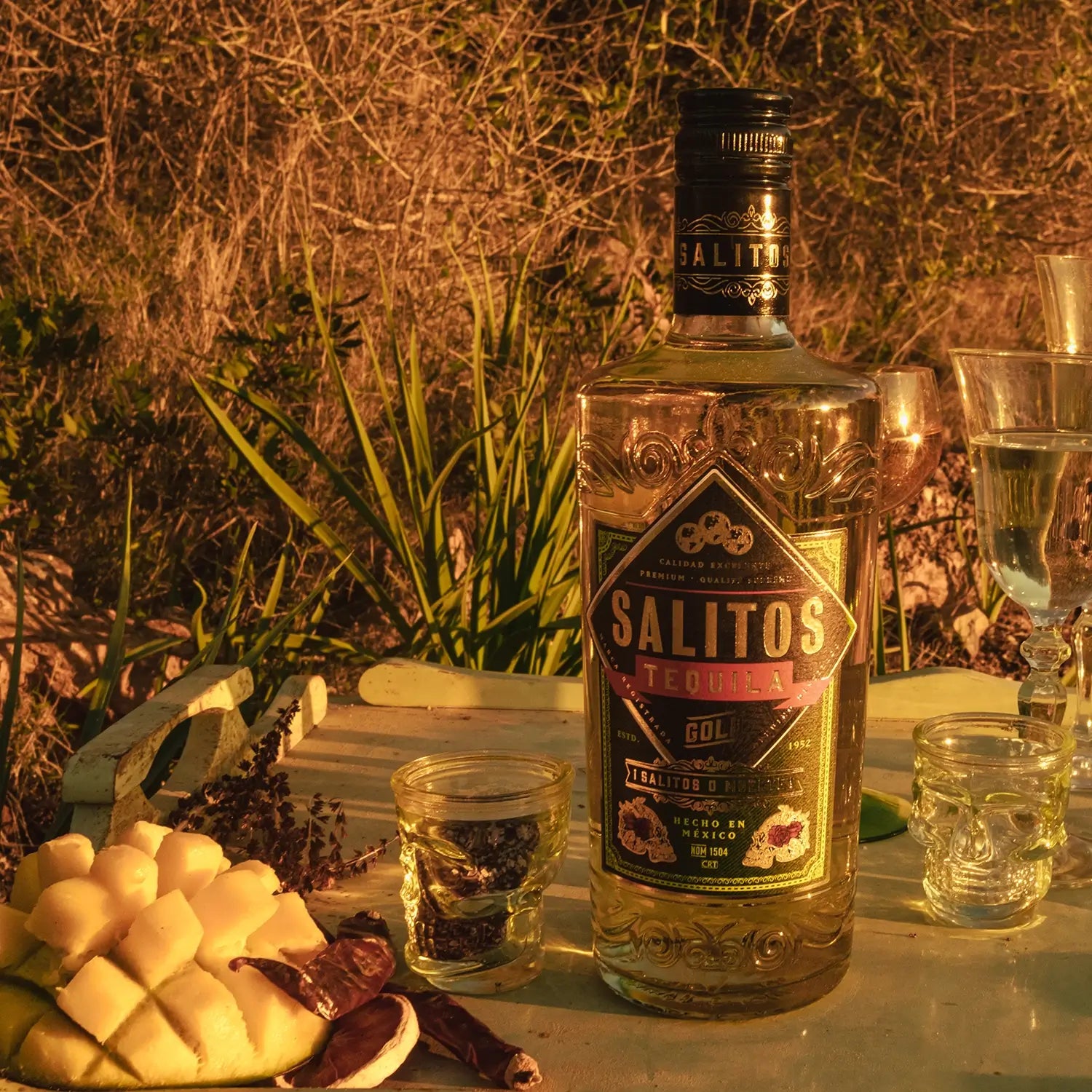 Ein Tablet aus Holz welches auf einer Wiese liegt, auf dem Tablet befinden sich unter anderem eine Schale mit Früchten, 2 Shot-Gläser und eine Flasche SALITOS Tequila Gold