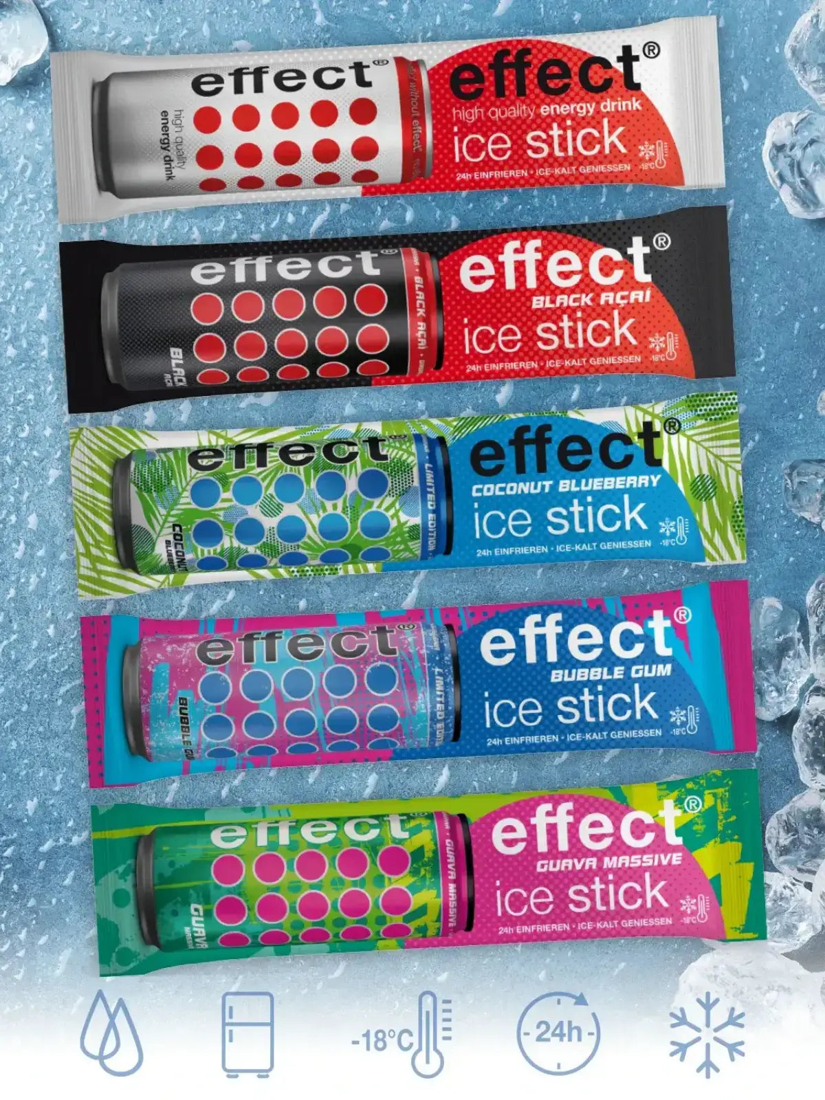 5 effect Ice Sticks auf blauem Hintergrund