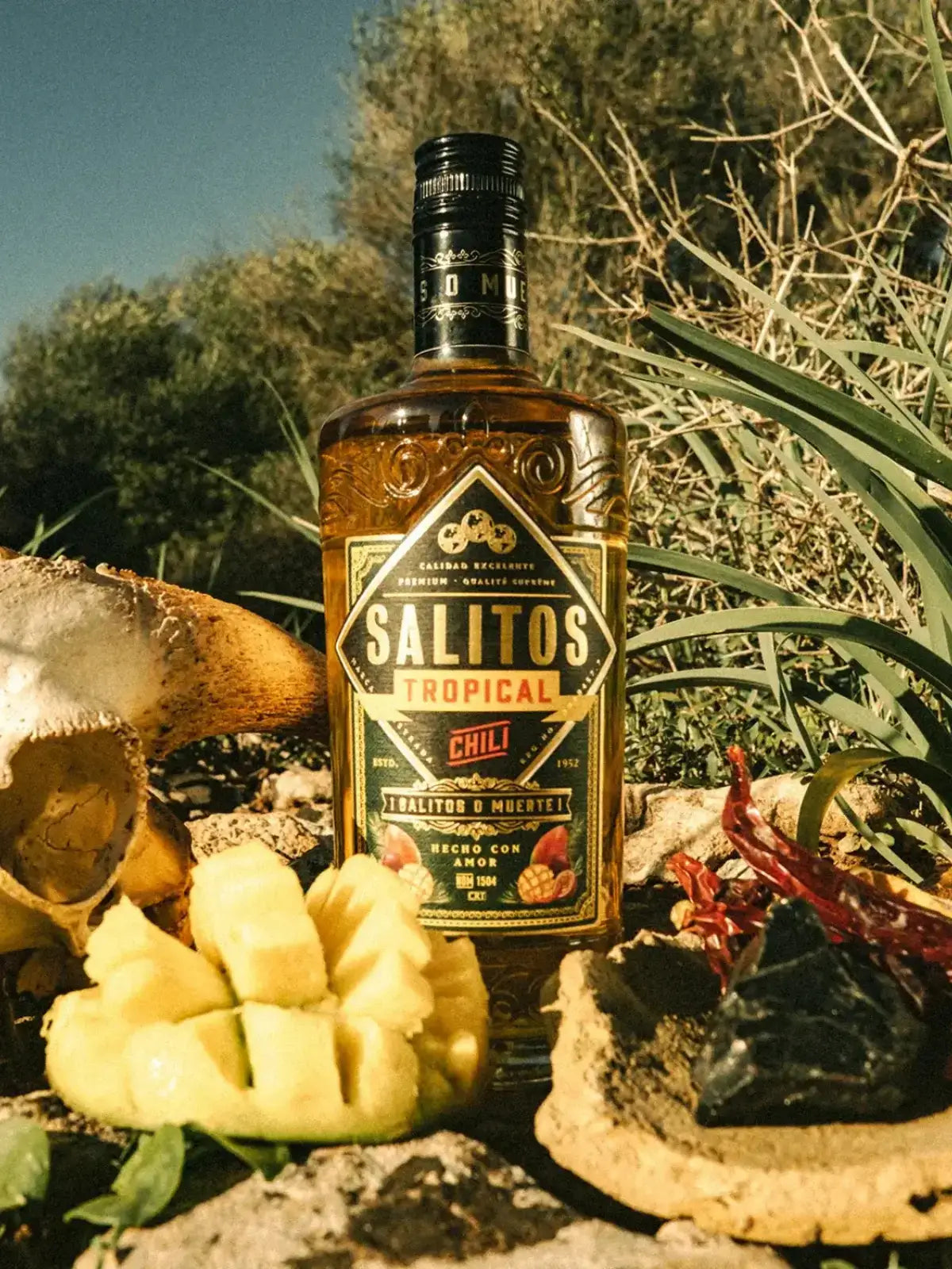 Eine Flasche SALITOS Tequila Gold umgeben von tropischen Früchten.